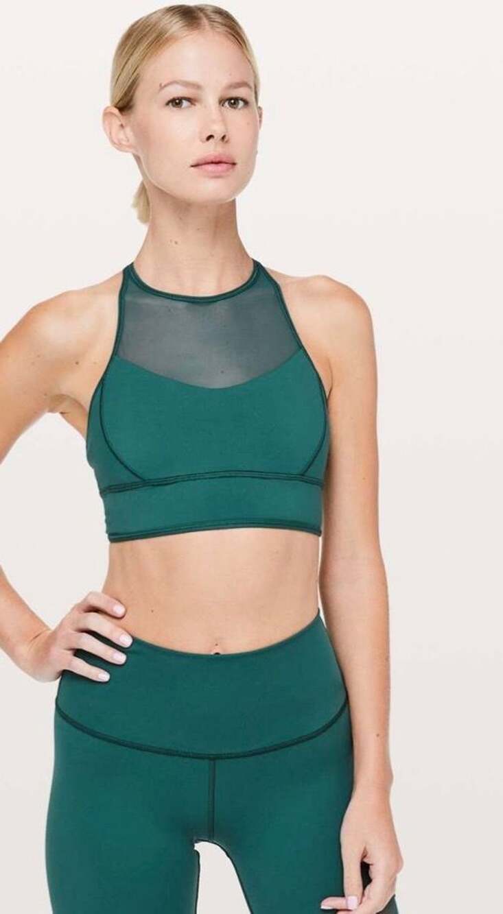Lululemon Wake And Train Long Line Bra Size 10 Dark Teal Green Mesh Strappy